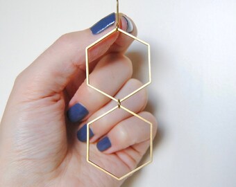 Double Hexagon Earrings | Long Geometric Dangles | Minimal Statement Earrings