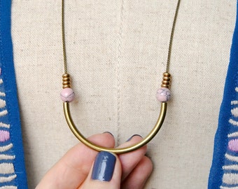 Pink and Gold Arc Necklace | Brass Beaded Statement Necklace