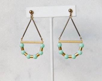 Aqua Arc Earrings | Geometric Beaded Statement Earrings | Brass Arch Dangles | Modern Bridal Earrings | Structural Jewelry