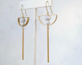 Half Moon Bar Earrings | White Marble Orbs with Brass Sticks | Minimal Jewelry