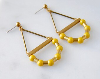 Mod Mustard Yellow Statement Earrings | Bold Brass Arc Earrings | Geometric Long Chartreuse Dangles | Modern Gold Arches