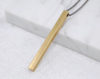 Long Gold Bar Necklace | Geometric Jewelry | Brass Bar Pendant for Men on Black Chain