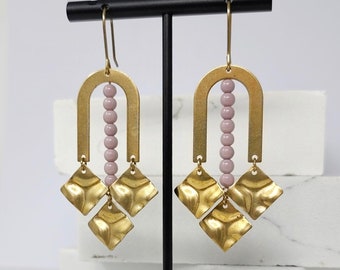 Shimmer Chandelier Earrings | Geometric Dangles | Beaded Brass Statements | Reflective Rainbow Arches