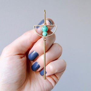 Long Linear Earrings | Minimal earrings with stone beads and brass | Handmade gift for woman