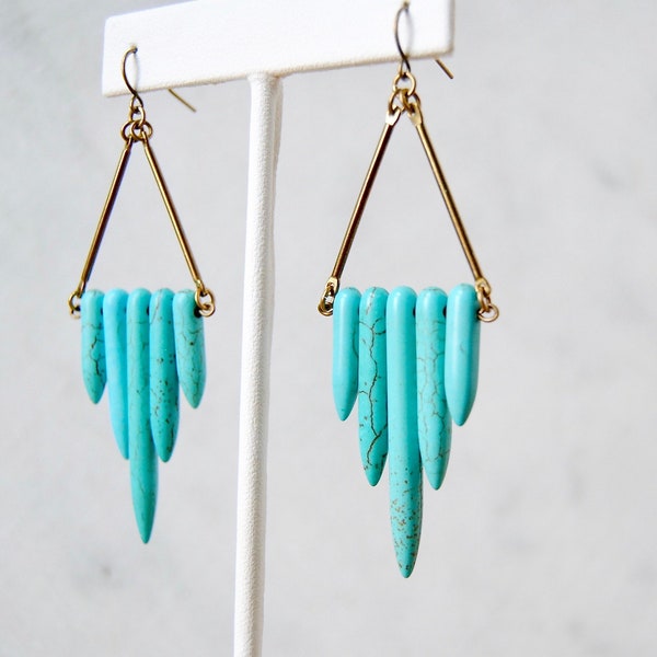 Turquoise Shield Earrings | Natural Stone Dangles | Howlite Point Dagger Beads | Boho Chic Statement Jewelry