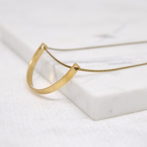 Curved Bar Necklace | Minimal and Geometric Gold Semicircle | Brass Arc Pendant