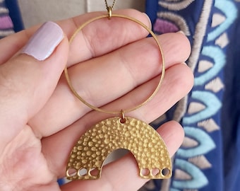 Awesome Arch Necklace | Hammered Brass Arc Pendant | Gold Rainbow Jewelry