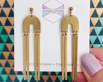 Rainbow Tassel Earrings | Boho Dangly Studs | Long Gold Arcs