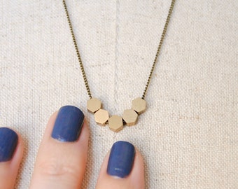 Tiny Hexagons Necklace | Mini Geometric Charms | Simple Delicate Brass Chain For Layering