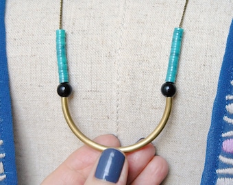 Aqua and Gold Curve Necklace | Contemporary Beaded Statement Necklace | Semicircle Geometric Pendant