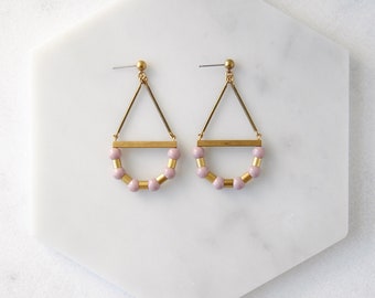 Soft Purple Curve Earrings | Mod Geometric Beaded Statement Earrings | Thistle Lavender Mauve Rose | Purple and Gold Geo Studs