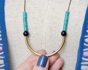 Free Spirit Arc Necklace | Beaded Gold Curve with Vintage Beads