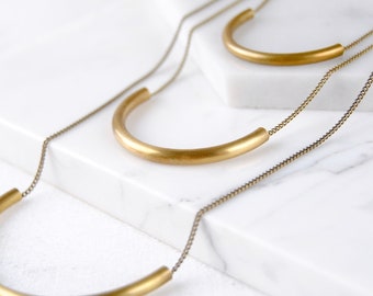 Medium Crescent Necklace | Brass Tube Arc Pendant | Half Moon Curve