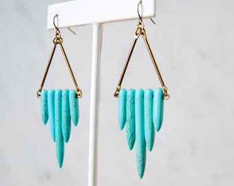 Turquoise Shield Earrings | Natural Stone Dangles | Howlite Point Dagger Beads | Boho Chic Statement Jewelry