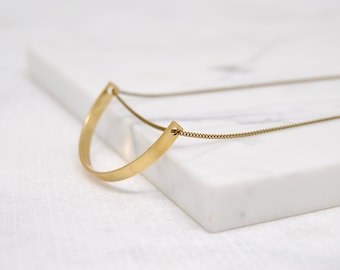 Curved Bar Necklace | Minimal and Geometric Gold Semicircle | Brass Arc Pendant