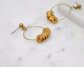 Gold Disc Hoops | Handmade Small Dangle Earrings with Brass Beads