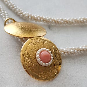Floral Engraved Vintage Locket on Pearl Rope Chain | Romantic keepsake necklace with faux coral and delicate faux pearls | Sentimental gift