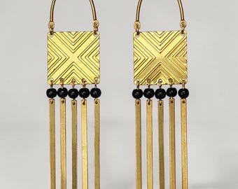 Art Deco Brass Fringe Earrings | Geometric Bead Dangles | Handmade Statement Jewelry