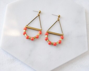 Coral Arc Earrings | Modern Geometric Brass Semicircles | Colorful Beaded Jewelry