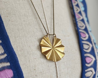 Sunburst Necklace | Brass Fan | Geometric Art Deco Pendant | Gold Semicircle | Crescent Charm