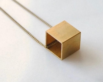 Brass Cube Necklace | Geometric square pendant | Vintage brass charm