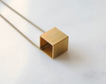 Brass Cube Necklace | Geometric Square Charm | Gift For Minimal Man or Woman