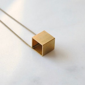 Brass Cube Necklace Geometric Square Charm Gift For Minimal Man or Woman image 1