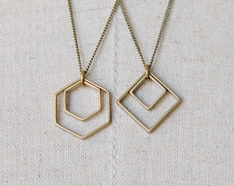 Minimal Geometric Pendant Necklaces | Modern and Simple Jewelry | Double Hexagons or Double Squares