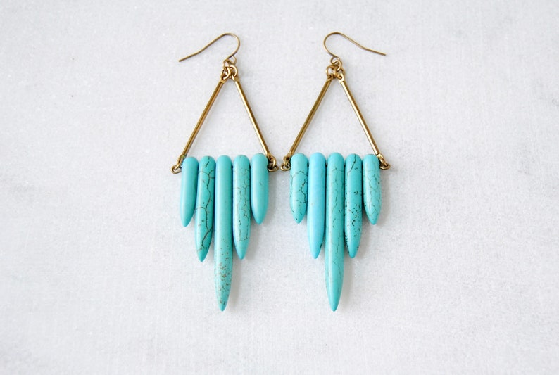 Turquoise Shield Earrings Natural Stone Dangles Howlite Point Dagger Beads Boho Chic Statement Jewelry image 5