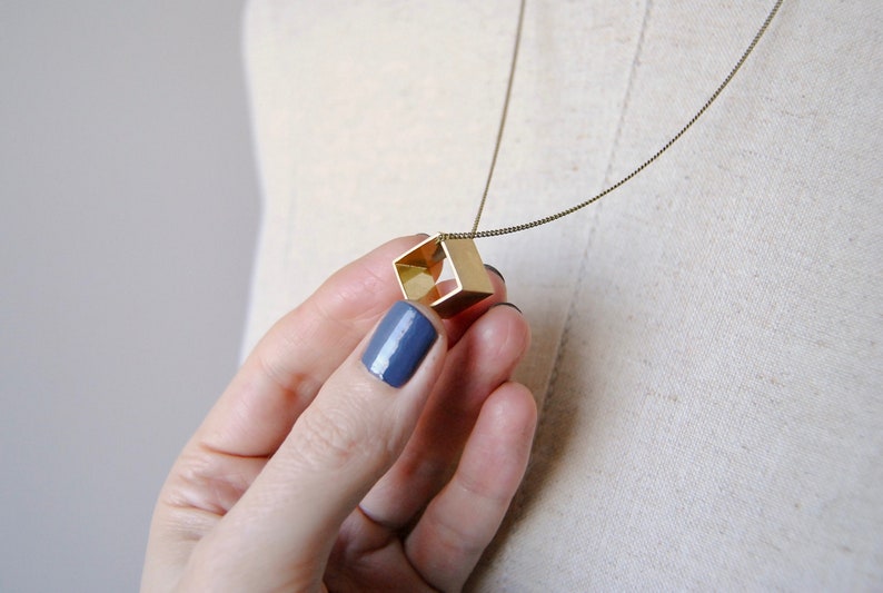 Brass Cube Necklace Geometric Square Charm Gift For Minimal Man or Woman image 3