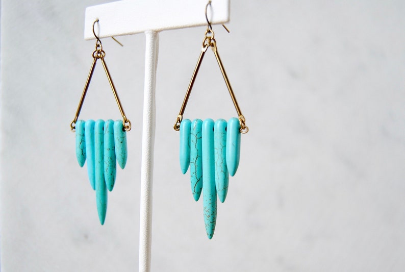 Turquoise Shield Earrings Natural Stone Dangles Howlite Point Dagger Beads Boho Chic Statement Jewelry image 1