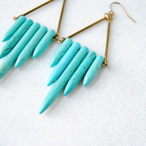 Turquoise Shield Earrings Natural Stone Dangles Howlite Point Dagger Beads Boho Chic Statement Jewelry image 6