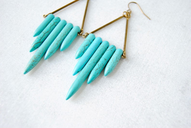 Turquoise Shield Earrings Natural Stone Dangles Howlite Point Dagger Beads Boho Chic Statement Jewelry image 6