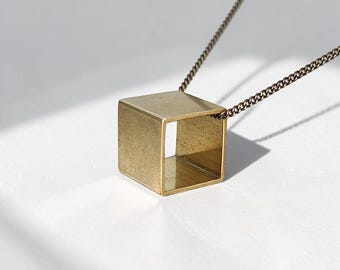 Brass Cube Necklace | Geometric Vintage Square Pendant | Minimal Unisex Jewelry