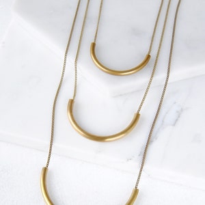 Small Curve Necklace Gold Tube Pendant Minimal Brass Semicircle image 4