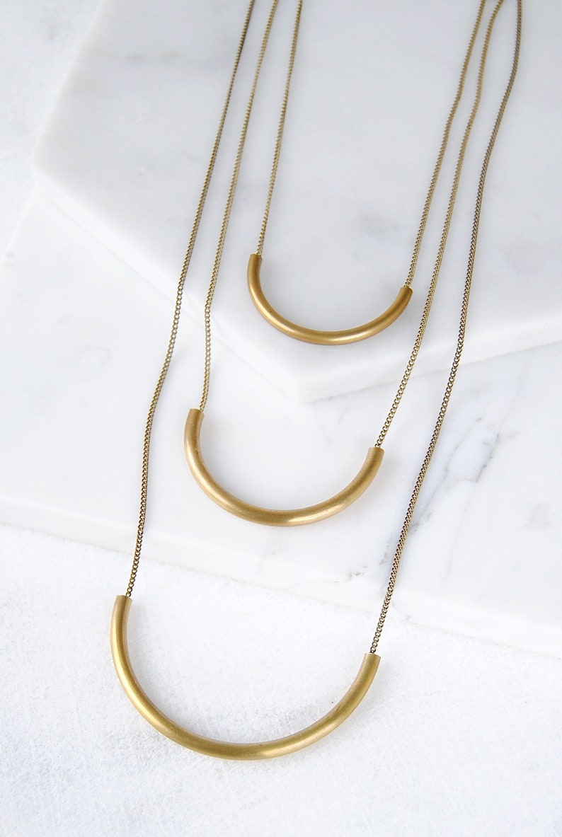 Small Curve Necklace Gold Tube Pendant Minimal Brass Semicircle image 4