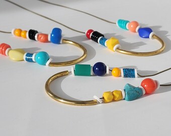 Multicolored Vintage Bead and Brass Necklace | Brass Arc Layering Necklace | Colorful Beaded Statement Jewelry
