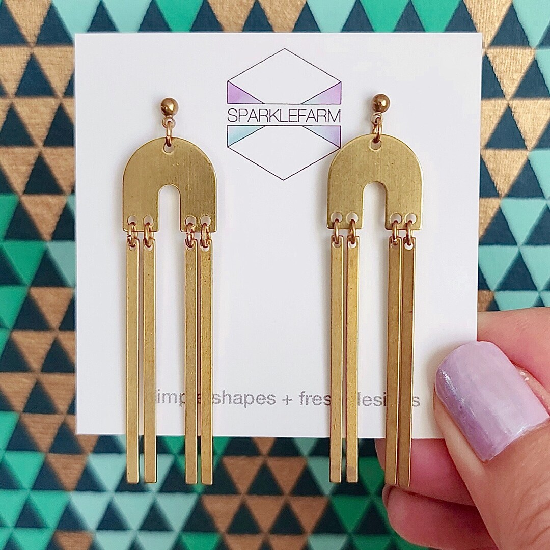 Rainbow Tassel Earrings | Boho Dangly Studs | Long Gold Arcs - Etsy