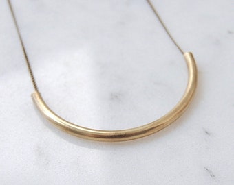 Large Brass Arc Necklace | Minimal Gold Curved Tube Pendant | Simple Semicircle Geometric Statement Necklace