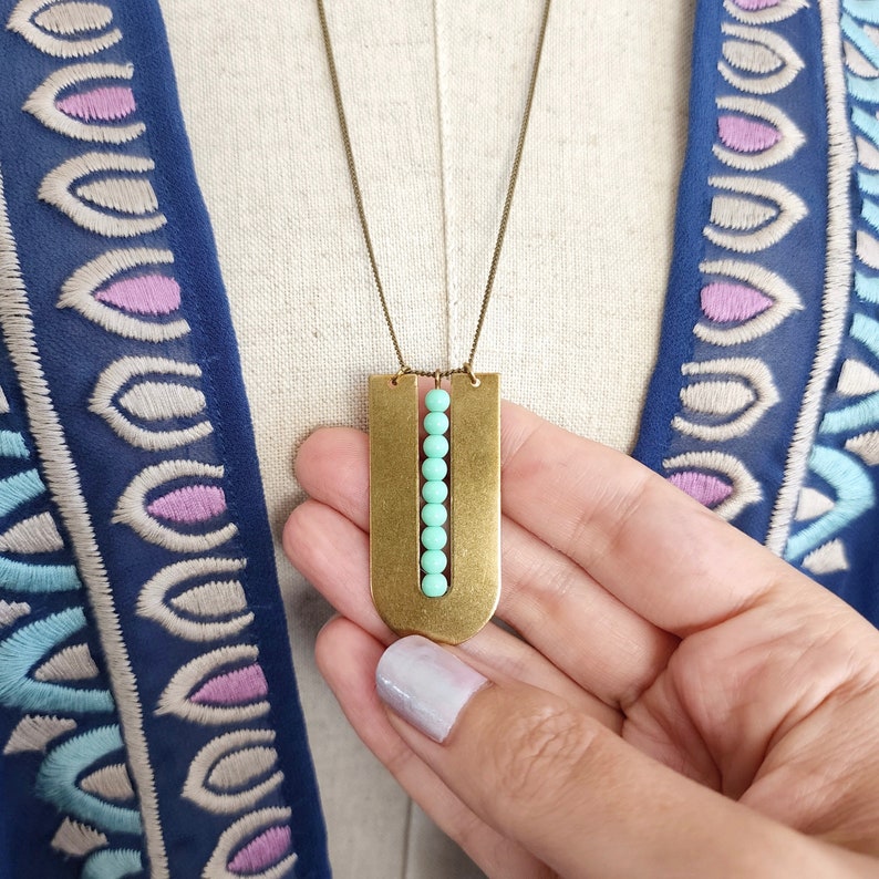 Fortress Necklace Geometric Pendant Brass Arc with Beads Long Beaded Statement Necklace Boho Chic Style image 3