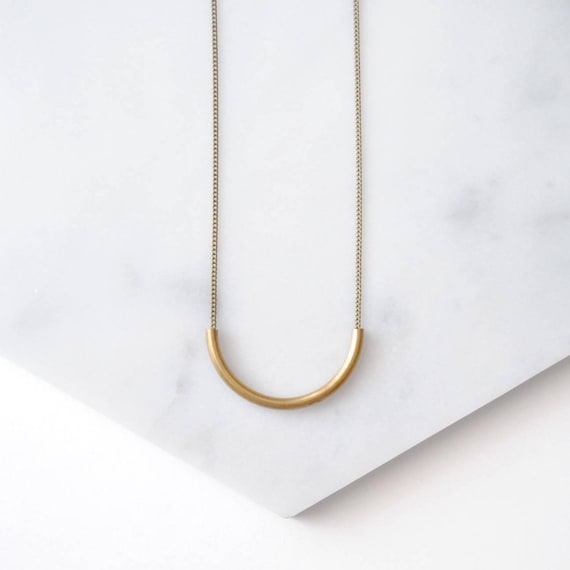 Small Curve Necklace | Gold tube pendant | Minimal brass semicircle charm