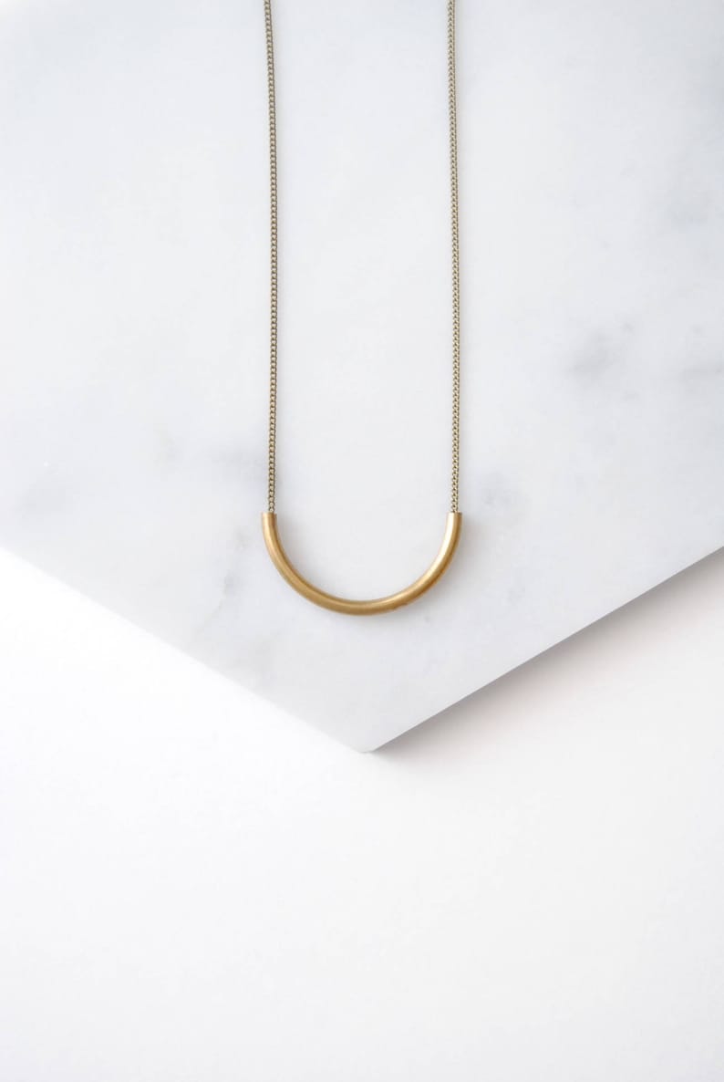 Small Curve Necklace Gold Tube Pendant Minimal Brass Semicircle image 1