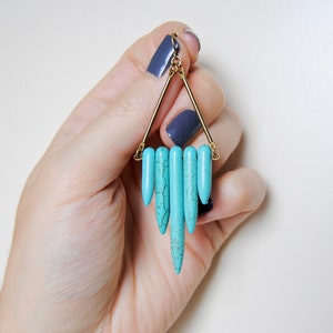 Turquoise Shield Earrings Natural Stone Dangles Howlite Point Dagger Beads Boho Chic Statement Jewelry image 3