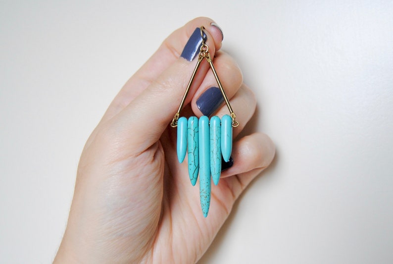 Turquoise Shield Earrings Natural Stone Dangles Howlite Point Dagger Beads Boho Chic Statement Jewelry image 3