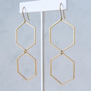 Double Hexagon Earrings | Long Brass Geometric Dangles | Handmade Modern Folk Jewelry