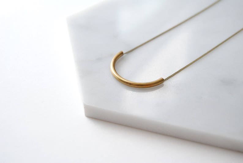 Small Curve Necklace Gold Tube Pendant Minimal Brass Semicircle image 2