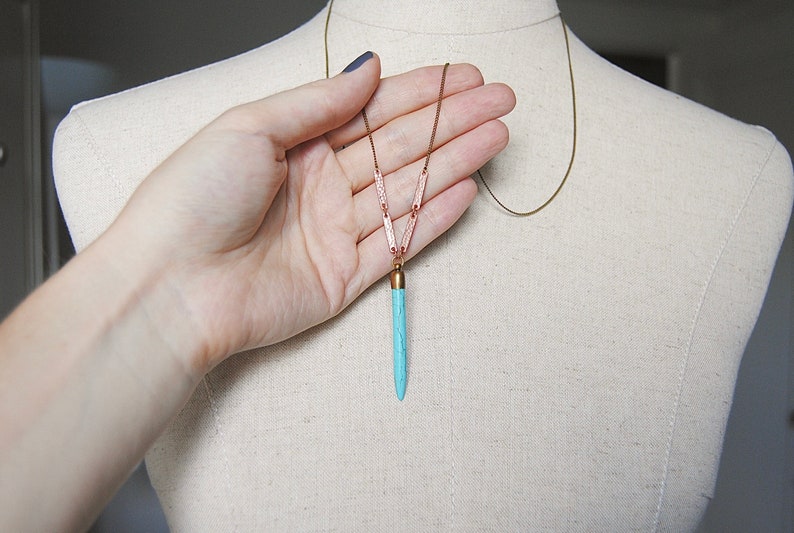 Boho Bar Necklace Turquoise Howlite Spike Necklace Long Layering Stone Pendant image 1