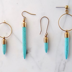 Turquoise Shield Earrings Natural Stone Dangles Howlite Point Dagger Beads Boho Chic Statement Jewelry image 8