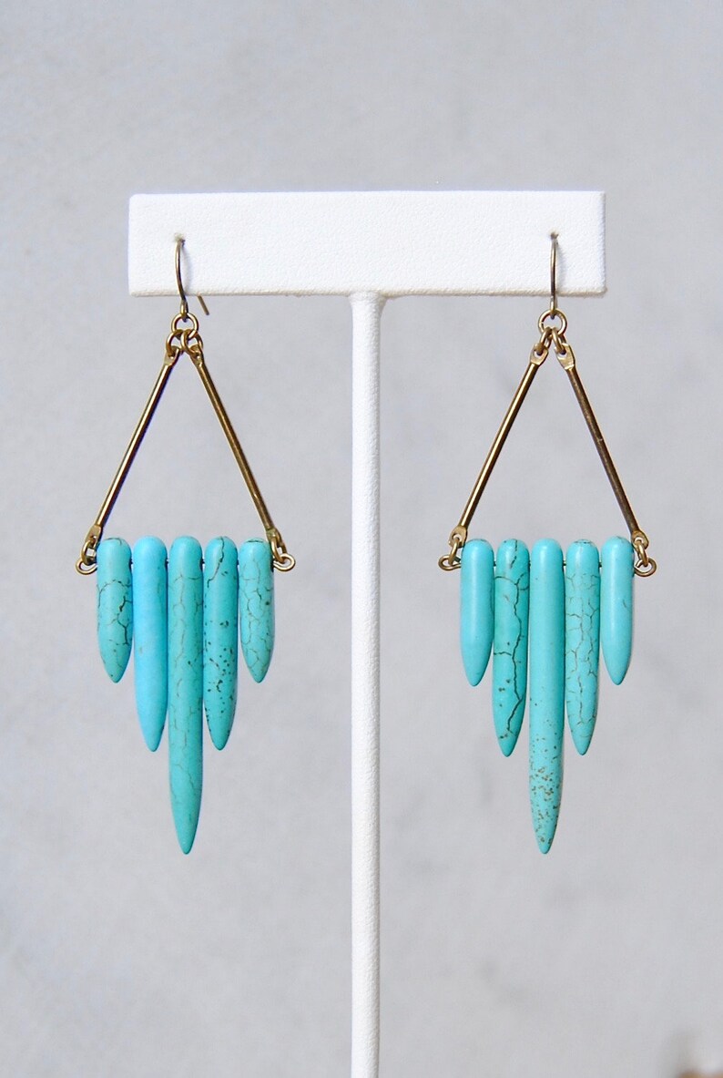 Turquoise Shield Earrings Natural Stone Dangles Howlite Point Dagger Beads Boho Chic Statement Jewelry image 2