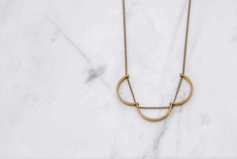 Three Curves Necklace Brass Semicircles Pendant Minimal and Geometric Gold Arc image 2